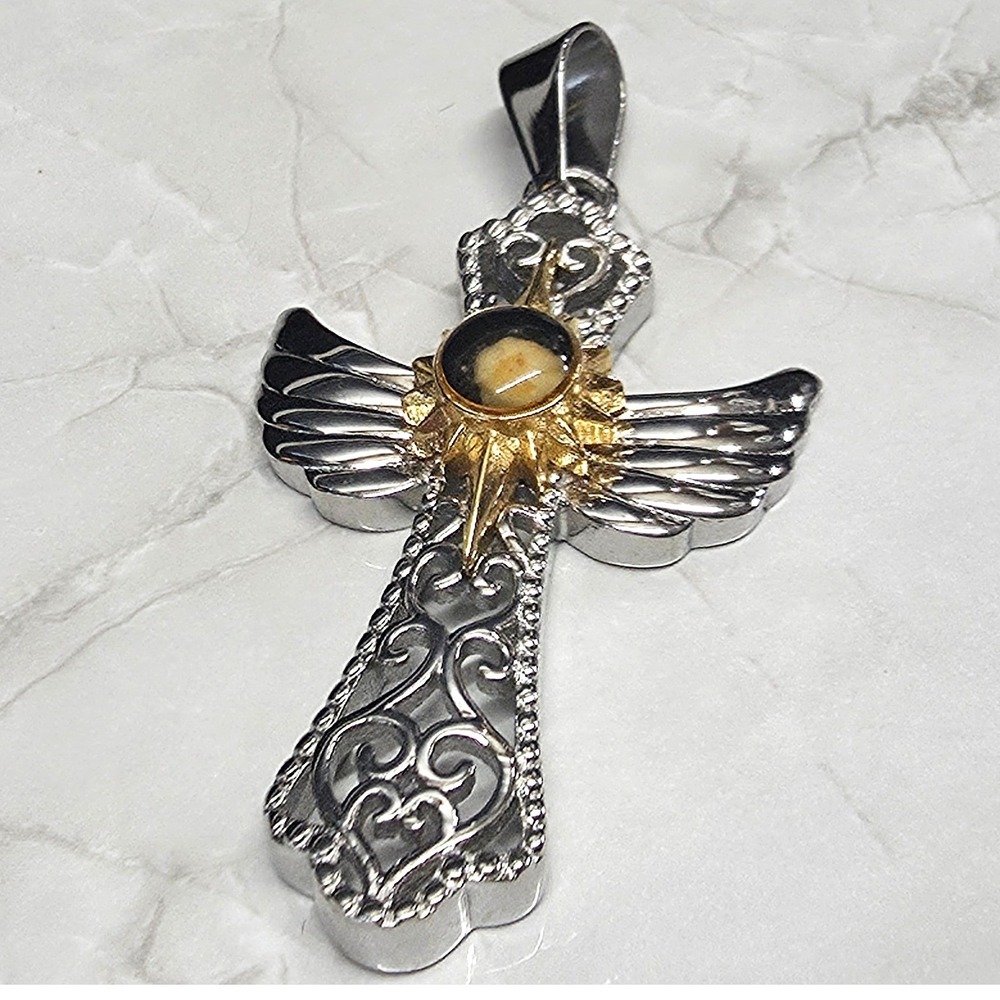 Michael Anthony VIntage Stainless Steel Nativity Stone Cross Pendant Angel Wings